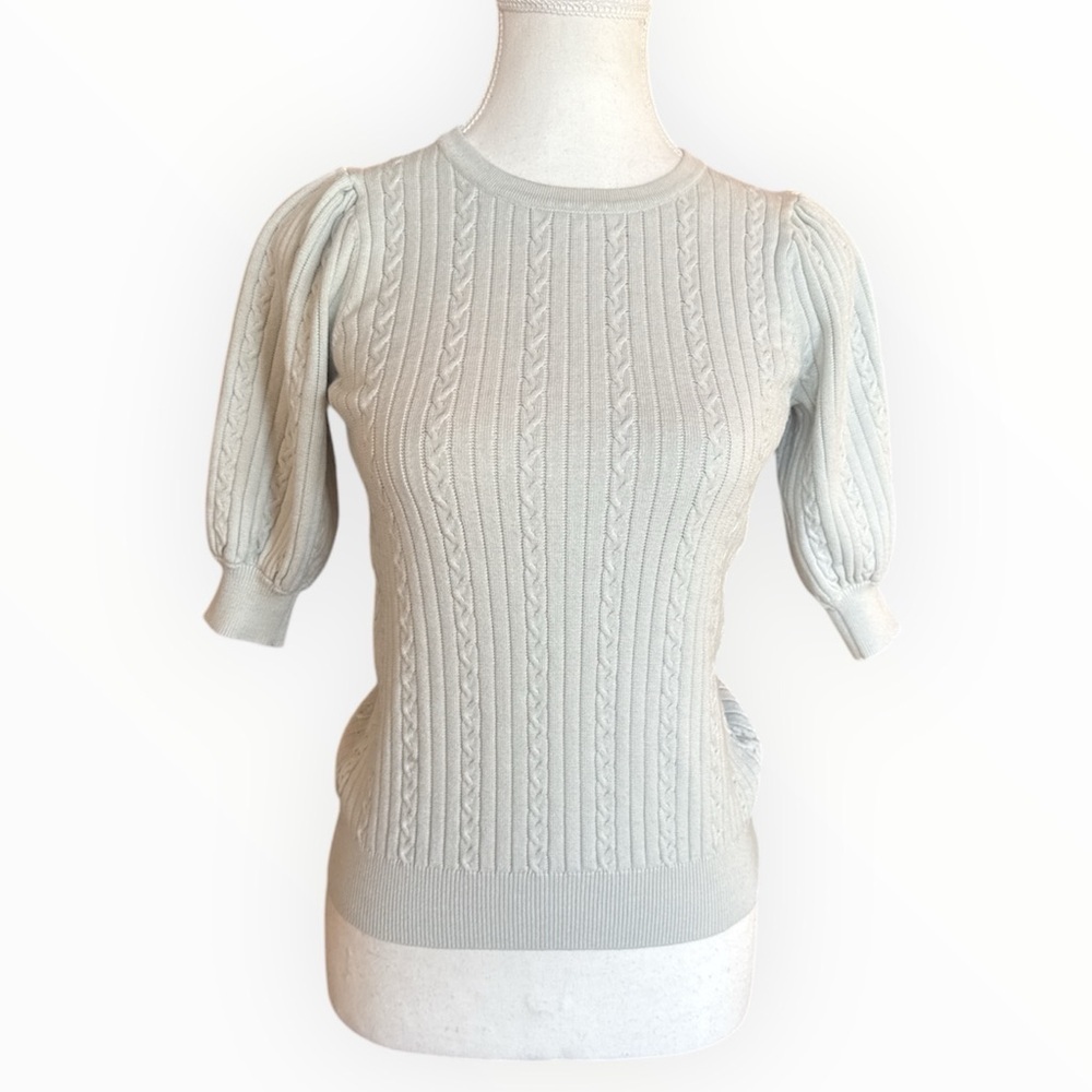 NWT Elie Tahari 3/4 Puff Sleeve CableKnit Sweater XS Spring Casual Neutral Muted